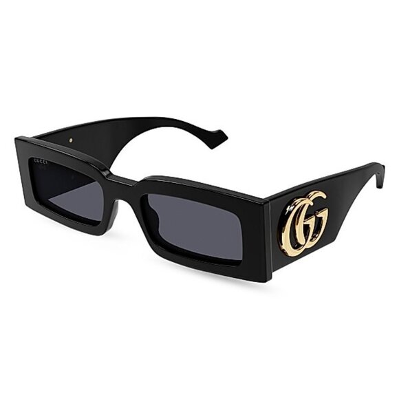 Gucci Accessories - Gucci Generation Rectangular Sunglasses in Shiny Solid Black large gold logo